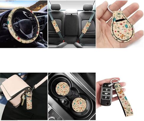 Colorful Abstract Hippie Flower Car Seat Covers for Women，12 Pack Aesthetic Boho Flower 70S Auto Seat Cover Accessory Decor Interior Sets with Auto Steering Wheel Cover Seatbelt Cup Pad Keychain in Kuwait