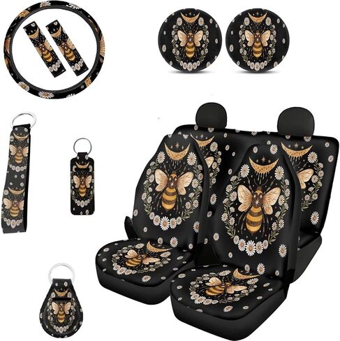 Colorful Abstract Hippie Flower Car Seat Covers for Women，12 Pack Aesthetic Boho Flower 70S Auto Seat Cover Accessory Decor Interior Sets with Auto Steering Wheel Cover Seatbelt Cup Pad Keychain in Kuwait