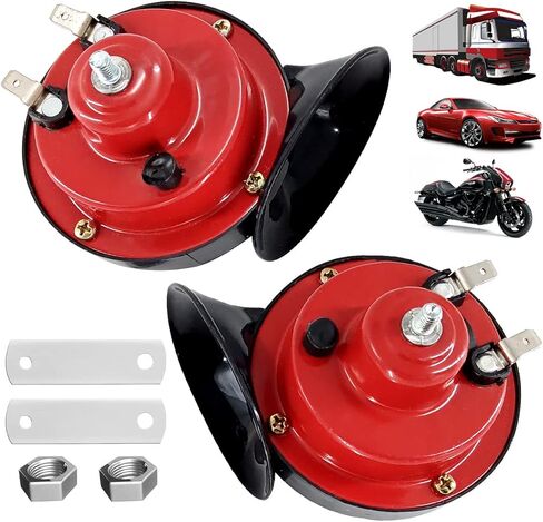 بوق السيارة 300 ديسيبل 12 فولت [عبوة من قطعتين] بوق السيارة - مقاوم للماء، ملحق عالمي، مناسب للمكونات الإلكترونية البديلة للشاحنات والقطارات والسفن والدراجات النارية والسيارات وأبواق القطارات (أحمر) in Kuwait