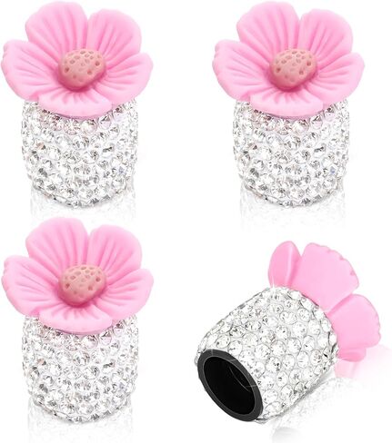 4 Pack Crystal Rhinestone Car Tire Valve Stem Caps Sakura Flower Dustproof Car Wheel Tire Valve Attractive Bling Car Accessories Universal for Cars Trucks and Motorcycles (Dark Pink) in Saudi Arabia