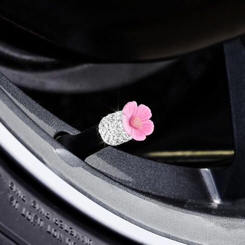 4 Pack Crystal Rhinestone Car Tire Valve Stem Caps Sakura Flower Dustproof Car Wheel Tire Valve Attractive Bling Car Accessories Universal for Cars Trucks and Motorcycles (Dark Pink) in Saudi Arabia