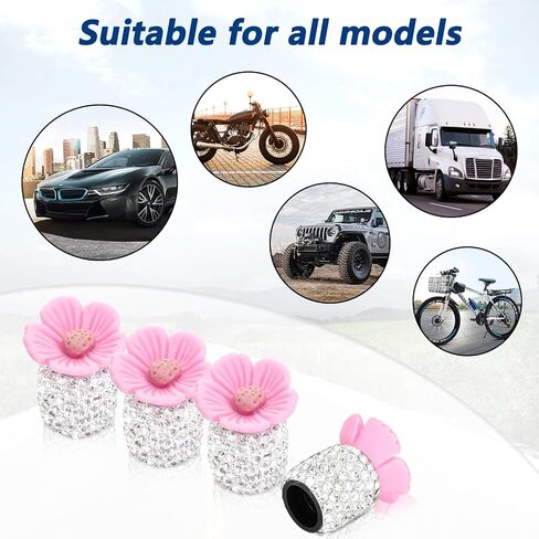 4 Pack Crystal Rhinestone Car Tire Valve Stem Caps Sakura Flower Dustproof Car Wheel Tire Valve Attractive Bling Car Accessories Universal for Cars Trucks and Motorcycles (Dark Pink) in Saudi Arabia