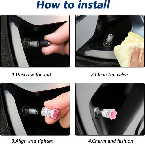 4 Pack Crystal Rhinestone Car Tire Valve Stem Caps Sakura Flower Dustproof Car Wheel Tire Valve Attractive Bling Car Accessories Universal for Cars Trucks and Motorcycles (Dark Pink) in Saudi Arabia