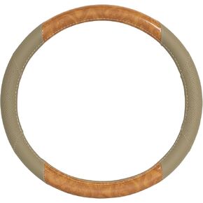 BDK BurlwoodLux Wood Grain and PU Leather Beige Steering Wheel Cover - Sport Grip for Car Auto SUV Trucks