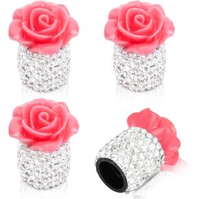 Bling Valve Stem Caps 4 Pack Rose Flower Tire Valve Caps Universal Rhinestones Stem Covers for Bling Car Accessories SUVs Bike and Bicycle Trucks Motorcycles (Beige)