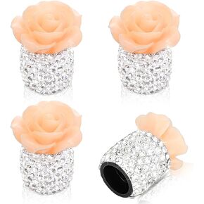 Bling Valve Stem Caps 4 Pack Rose Flower Tire Valve Caps Universal Rhinestones Stem Covers for Bling Car Accessories SUVs Bike and Bicycle Trucks Motorcycles (Beige)