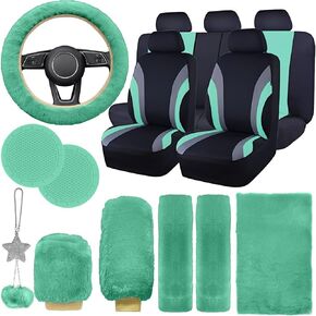 17 Car Seat Cover Full Set for Women,Universal Car Seat Cover,Plush Steering Wheel Cover,Fluffy Soft Wool Handbrake Gear,Suspension Accessories Full SUV (Beige)