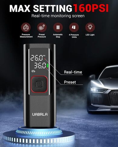 ضاغط هواء محمول لنفخ الاطارات من يوابرلا، مضخة اطارات لاسلكية 160 باوند لكل انش مربع مع مقياس ضغط، مضخة هواء كهربائية أسرع مرتين لاطارات السيارات والدراجات النارية والكرات in Kuwait