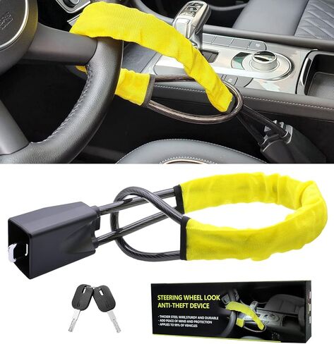 ASENDIWAY قفل عجلة القيادة، حزام الأمان، قفل مضاد للسرقة، جهاز قفل السيارة، أمان ضد السرقة، مع مفتاحين، يناسب معظم السيارات، الشاحنات، سيارات الدفع الرباعي، فان (أصفر) in Kuwait