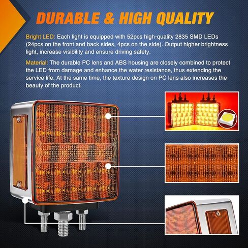 Nilight جولة مزدوجة الوجه الحاجز الركيزة ضوء 2PCS 48LED العنبر الأحمر الفرامل بدوره علامة الذيل ضوء ث / مسمار جبل لشاحنة Mack Kenworth Freightliner سحب مقطورة، 2 سنة الضمان in Kuwait