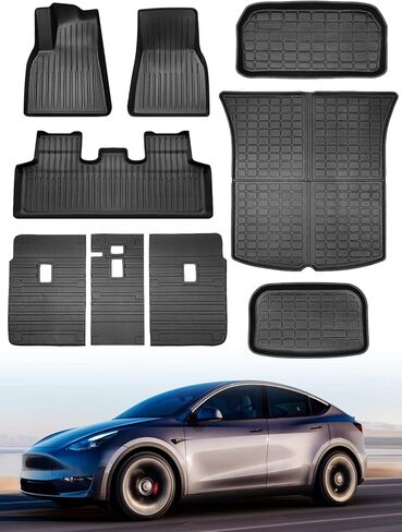 مجموعة كاملة من سجادات أرضية Uxcer 9 قطع من طراز Tesla Model Y، سجادات أرضية TPE مناسبة لجميع الأحوال الجوية لملحقات Tesla Model Y 5 مقاعد 2020-2023، غطاء حماية للمقعد الخلفي مناسب حسب الطلب وبطانة البضائع وسجاد صندوق السيارة in Kuwait