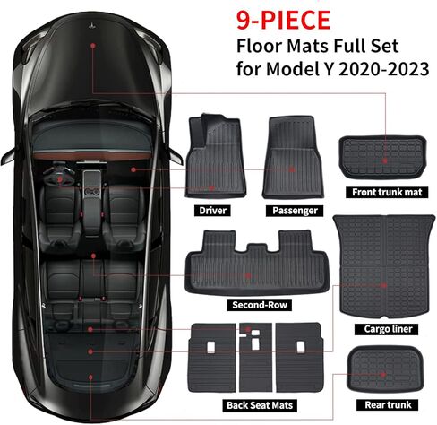 مجموعة كاملة من سجادات أرضية Uxcer 9 قطع من طراز Tesla Model Y، سجادات أرضية TPE مناسبة لجميع الأحوال الجوية لملحقات Tesla Model Y 5 مقاعد 2020-2023، غطاء حماية للمقعد الخلفي مناسب حسب الطلب وبطانة البضائع وسجاد صندوق السيارة in Kuwait