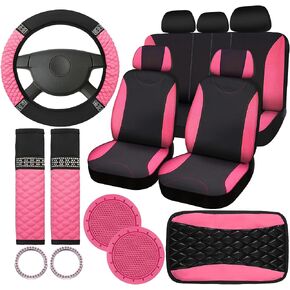 17 Pcs Bling Car Accessories Set for Women, Seat Covers Leather Steering Wheel Cover, Seat Belt Shoulder Pad Armrest Cup Holders Covers, Full Crystal Decor Automotive Interior (Black)