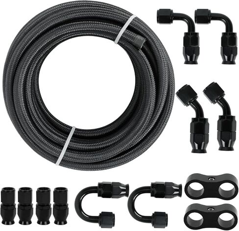 طقم خرطوم خط الوقود 8AN 20FT PTFE، خرطوم وقود مضفر من النايلون E85 20FT مع 10 قطع محول تركيب خرطوم الوقود الأسود وفاصل خط 2 قطعة (معرف 0.394 بوصة) in Saudi Arabia