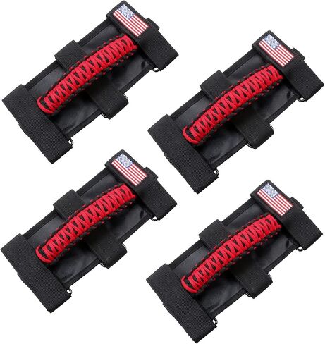 sukemichi 4X Roll Bar Paracord Grab Handles مقابض قبضة لسيارة Jeep Wrangler JK TJ JL CJ YJ 1987-2023 JT UTV ATV - مشبك معدني مطور، أحمر in Kuwait