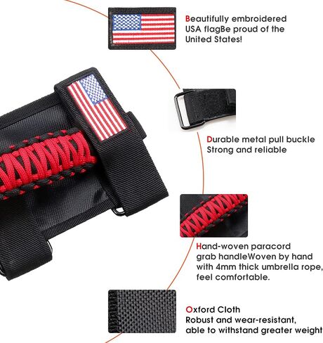 sukemichi 4X Roll Bar Paracord Grab Handles مقابض قبضة لسيارة Jeep Wrangler JK TJ JL CJ YJ 1987-2023 JT UTV ATV - مشبك معدني مطور، أحمر in Kuwait