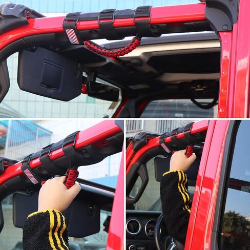 sukemichi 4X Roll Bar Paracord Grab Handles مقابض قبضة لسيارة Jeep Wrangler JK TJ JL CJ YJ 1987-2023 JT UTV ATV - مشبك معدني مطور، أحمر in Kuwait