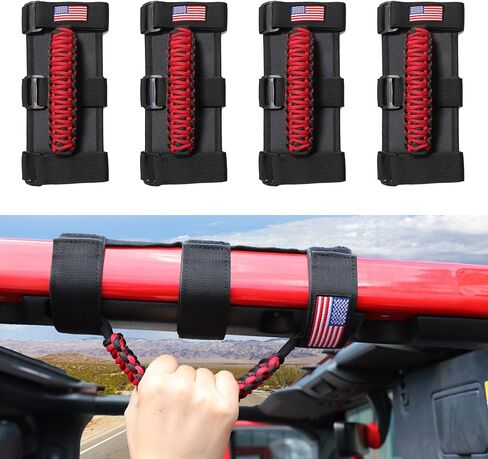 sukemichi 4X Roll Bar Paracord Grab Handles مقابض قبضة لسيارة Jeep Wrangler JK TJ JL CJ YJ 1987-2023 JT UTV ATV - مشبك معدني مطور، أحمر in Kuwait