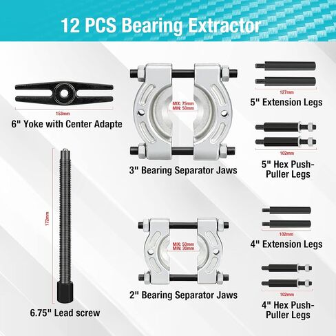 DURATECH 12PCS Bearing Puller Set, 5-ton Capacity Heavy Duty Flywheel Separator Tool, 2" and 3" Bar-Type Splitter Remove Bearings Kit, Gear Puller, Storage Case Included in Saudi Arabia