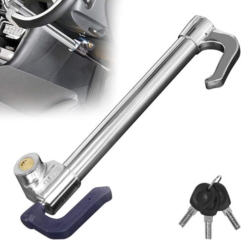 Car Steering Wheel Lock - RUN.SE Retractable Hook Brake Lock Clutch Lock Universal Anti-Theft Locking Stainless Steel Steering Wheel Lock with 3 Keys for Cars, Trucks, Vans, and SUVs (Silver) in Saudi Arabia
