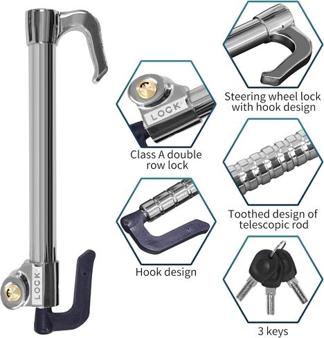 Car Steering Wheel Lock - RUN.SE Retractable Hook Brake Lock Clutch Lock Universal Anti-Theft Locking Stainless Steel Steering Wheel Lock with 3 Keys for Cars, Trucks, Vans, and SUVs (Silver) in Saudi Arabia