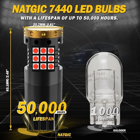 NATGIC Red 7440 LED لمبة Canbus خالية من الأخطاء عكس أضواء الفرامل الخفيفة W21W T20 7441 7440NA ضوء خلفي خلفي ضوء احتياطي لا فرط فلاش LED أضواء إيقاف السيارة 12-24 فولت 3700LM (حزمة من 2) in Kuwait