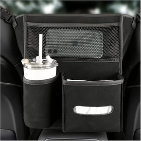 Car Net Pocket Handbag Holder Between Seats, Purse Holder with Adjustable Buckle Strap, Large Capacity Storage Organizer Mesh Bag Barrier in Front Seat Center Console, Car Accessories (Blue)