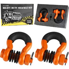 D Ring Shackles with Safety Pin 47,000 lbs Breaking Strength (2 Pack), Shackles 3/4 Inch with Isolator & Washer Kit for Towing Strap, Winch, Off-Road Vehicle or Truck Recovery (Orange)