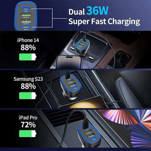 USB C Car Charger, Meagoes 72W 4 Ports Super Fast Automobile Charger Compatible for iPhone 14 Pro/Max/13/12/11/iPad Air, Samsung Galaxy S23 Plus/Ultra/S22/S21 Type C Cigarette Lighter USB Charger in Kuwait