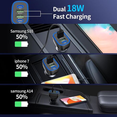 USB C Car Charger, Meagoes 72W 4 Ports Super Fast Automobile Charger Compatible for iPhone 14 Pro/Max/13/12/11/iPad Air, Samsung Galaxy S23 Plus/Ultra/S22/S21 Type C Cigarette Lighter USB Charger in Kuwait