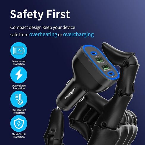 USB C Car Charger, Meagoes 72W 4 Ports Super Fast Automobile Charger Compatible for iPhone 14 Pro/Max/13/12/11/iPad Air, Samsung Galaxy S23 Plus/Ultra/S22/S21 Type C Cigarette Lighter USB Charger in Kuwait