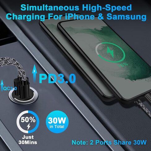 شاحن سيارة سريع USB C، 30 وات PD+QC مقبس ولاعة سجائر سريع الشحن من النوع C مناسب لقابس السيارة 12 فولت في منفذ محول لهاتف iPhone 14 13 12 11 Pro Max SE XR XS X 8، Samsung S23 S22 S21 S20، Pixel 7a in Saudi Arabia