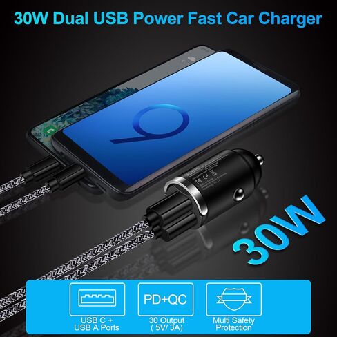 شاحن سيارة سريع USB C، 30 وات PD+QC مقبس ولاعة سجائر سريع الشحن من النوع C مناسب لقابس السيارة 12 فولت في منفذ محول لهاتف iPhone 14 13 12 11 Pro Max SE XR XS X 8، Samsung S23 S22 S21 S20، Pixel 7a in Saudi Arabia