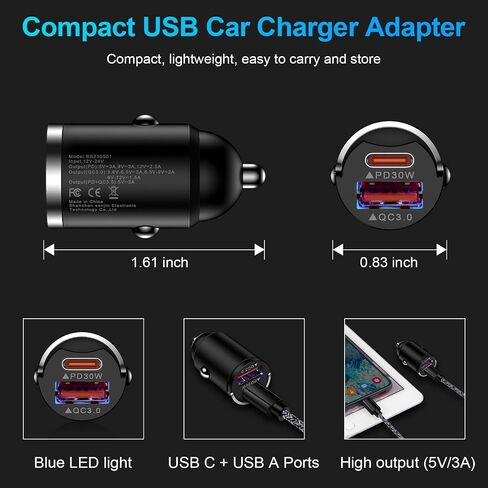 شاحن سيارة سريع USB C، 30 وات PD+QC مقبس ولاعة سجائر سريع الشحن من النوع C مناسب لقابس السيارة 12 فولت في منفذ محول لهاتف iPhone 14 13 12 11 Pro Max SE XR XS X 8، Samsung S23 S22 S21 S20، Pixel 7a in Saudi Arabia