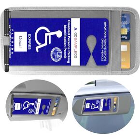 Handicap Placard Holder for Car, Disabled Parking Permit Sign Protector for Car Visor Auto Card Clip with Pen Holder, Note Paper Card Slot, Elastic Strap (1, Black)