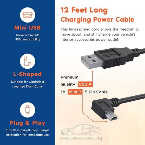 روف كابل طاقة USB صغير لشحن السيارة بطول 12 قدم لكاميرا لوحة القيادة R2-4K من التيميت in Kuwait