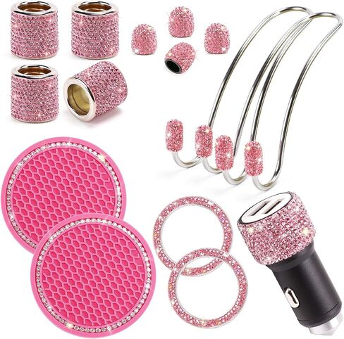 ToBeQueen Bling Car Accessories Set for Women Girl, Bling Head Rest Collars Rings,Bling Dual USB Car Charger,Bling Car Hook Backseat,Bling Cup Holder,Bling Tire Valve Stem Caps,Car Bling Rings(White) in Kuwait