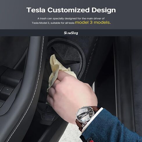 سلة مهملات تيسلا البطيئة، علبة قمامة تيسلا موديل 3، سلة مهملات السيارة مع غطاء منظم صندوق تخزين للباب الجانبي (الباب الأمامي الأيسر) ملحقات تيسلا 3، أسود in Kuwait