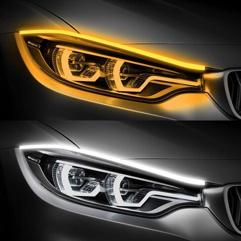 ينجيا شريط اضاءة LED ثنائي اللون 45 سم من قطعتين دي ار ال واشارة الانعطاف، شريط اضاءة LED كهرماني ابيض للسيارة، مصابيح تشغيل نهارية مرنة مقاومة للماء in Kuwait