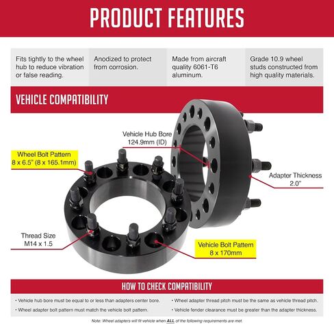 Wheel Accessories Parts 2 Pc Hub Centric Wheel Spacers 8 on 170mm to 8 on 6.50 2.00 Thick 14mm 1.50 Thread Stud 124.9mm Hub Fits Adapts 2001-10 Silverado Sierra 2500 3500 Wheels to 2003+ F250 F350 in Saudi Arabia
