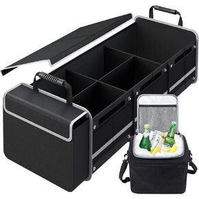 Car Trunk Organizer,Heavy Duty Collapsible Car Trunk Storage Organizer, with Insulated Leakproof Cooler Bag Car Cargo Trunk Organizer with Lid, 3 Compartments, with Straps For Car Suv/Jeep/Sedan