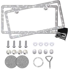 Aiuuee Diamond Car License Plate Frames Set, 2 Pcs Sparkly Rhinestone Stainless Steel License Plate Cover Frames with Coaster, Valve Caps, More Bling Car Accessories for Women in Wonderful Gift Box in Kuwait