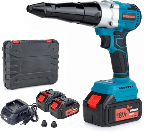 مسدس برشام لاسلكي محمول 18 فولت ليثيوم ايون كهربائي اوتوماتيكي عديم المسفرات لبراغي 1/8 انش 5/32 انش 3/16 انش مع عبوتين بطارية 5.0Ah in Kuwait