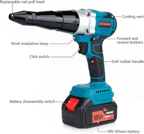 مسدس برشام لاسلكي محمول 18 فولت ليثيوم ايون كهربائي اوتوماتيكي عديم المسفرات لبراغي 1/8 انش 5/32 انش 3/16 انش مع عبوتين بطارية 5.0Ah in Kuwait