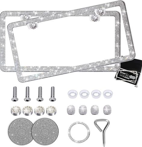 Aiuuee Diamond Car License Plate Frames Set, 2 Pcs Sparkly Rhinestone Stainless Steel License Plate Cover Frames with Coaster, Valve Caps, More Bling Car Accessories for Women in Wonderful Gift Box in Kuwait