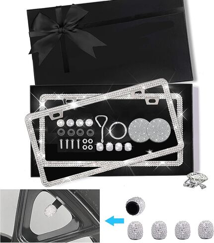 Aiuuee Diamond Car License Plate Frames Set, 2 Pcs Sparkly Rhinestone Stainless Steel License Plate Cover Frames with Coaster, Valve Caps, More Bling Car Accessories for Women in Wonderful Gift Box in Kuwait