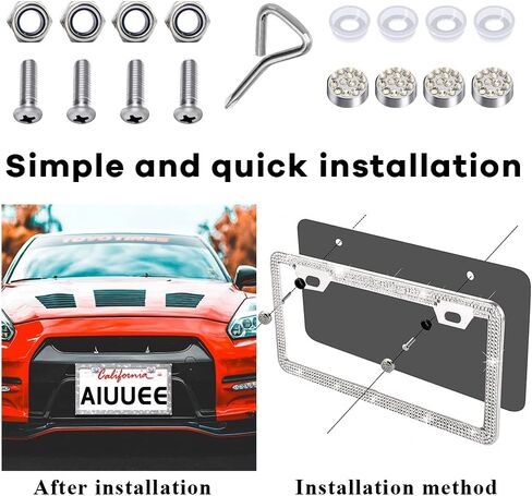 Aiuuee Diamond Car License Plate Frames Set, 2 Pcs Sparkly Rhinestone Stainless Steel License Plate Cover Frames with Coaster, Valve Caps, More Bling Car Accessories for Women in Wonderful Gift Box in Kuwait