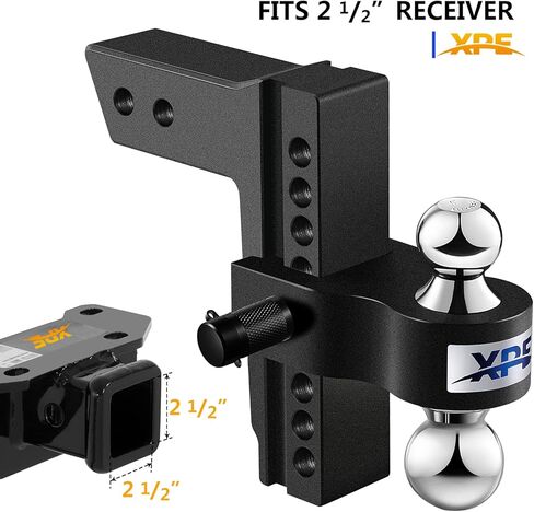 XPE Tow Hitch- Fits 2.5'' Receiver Only, 8'' Drop/Rise Drop, Dual Ball (2'' X 2-5/16''), Adjustable Aluminum Trailer Hitch for Heavy Duty Truck -18,500 Gtw with Trailer Locks, Black, X-322508 in Kuwait