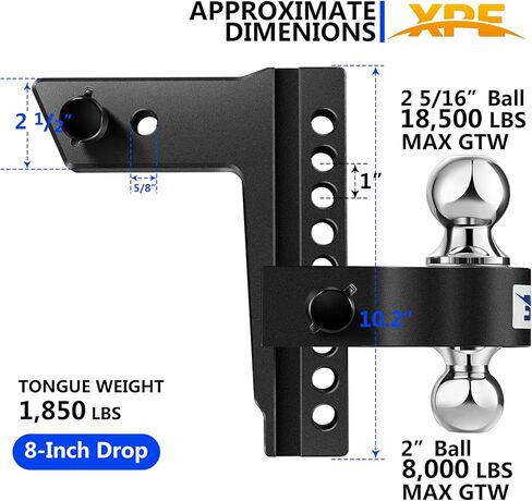 XPE Tow Hitch- Fits 2.5'' Receiver Only, 8'' Drop/Rise Drop, Dual Ball (2'' X 2-5/16''), Adjustable Aluminum Trailer Hitch for Heavy Duty Truck -18,500 Gtw with Trailer Locks, Black, X-322508 in Kuwait