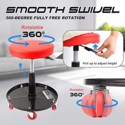 Ruedamann Adjustable 15"-19.5" H Pneumatic Creeper Garage,Holds up to 300 lbs,Shop Seat,Mechanic Stool with Garage Seat,Red in Kuwait